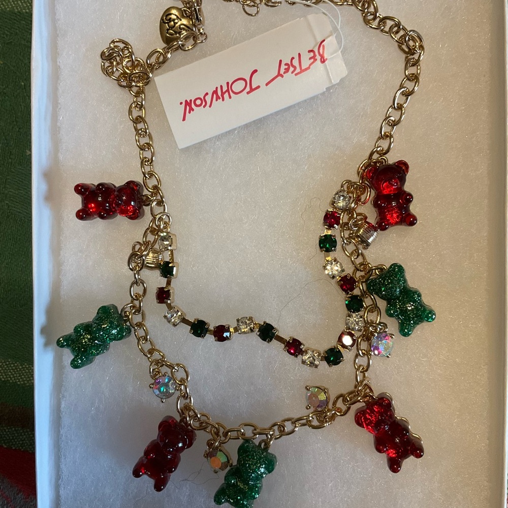 NWT Betsey Johnson Gold and Red and Green Bear Charm Necklace
